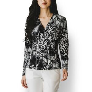 4/$20 Caché Animal Print Ruched V-Neck Top Stretch Fitted Long Sleeve